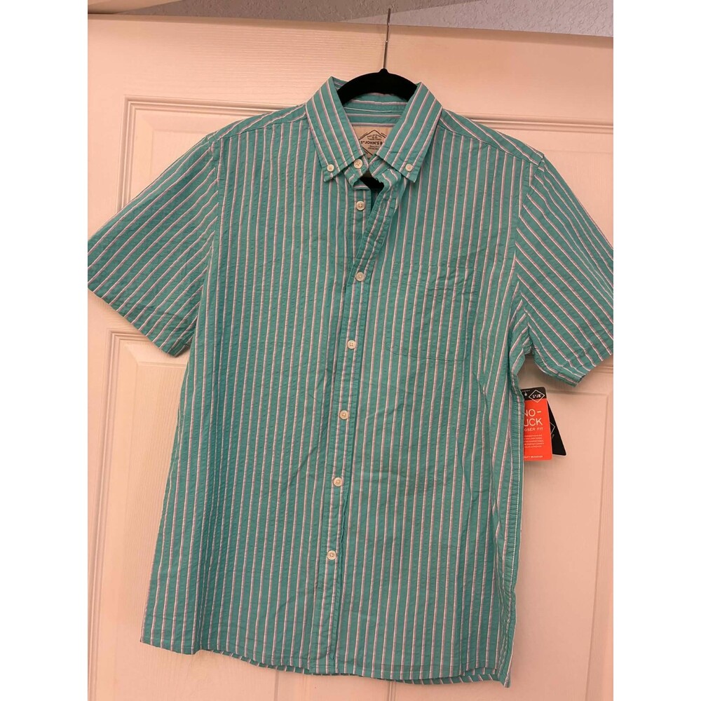 St. John's Bay Mens Small No Tuck Aqua Purple Stripe Short Sleeve Shirt NWT